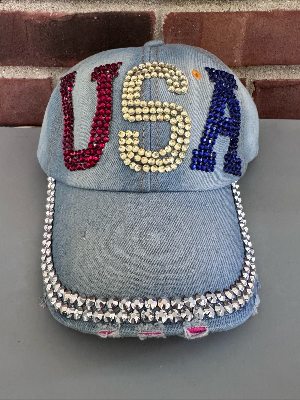 Falls Creek Denim Rhinestone American Flag Bling Baseball Cap Adjustable Women’s